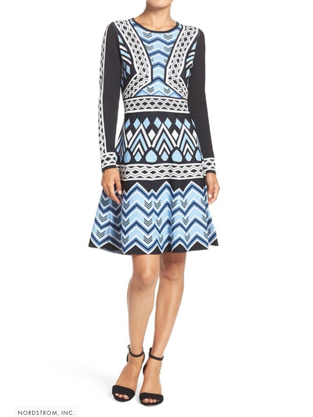 Eliza J Geo Pattern Knit Dress in black, white, and blue. Sz small. NWT.